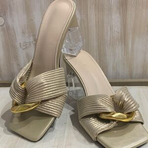 Elegant Metallic Gold Knot Mule Heels